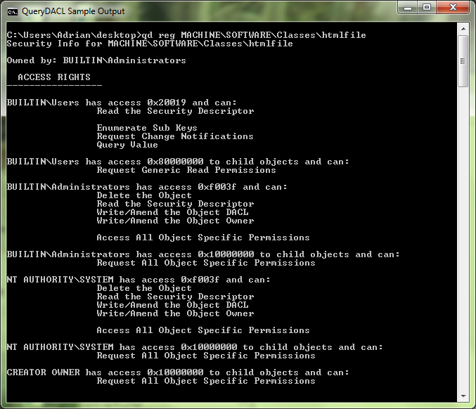 QueryDacl Registry Output